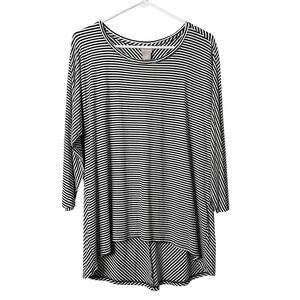 Chicos Striped Scoop Neck Top Women Medium Black White 3/4 Sleeve Hi Low